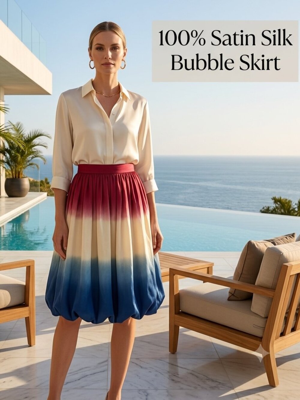 Kenar Women 12 100% Silk 3-Tone Ombre Skirt Balloon Bubble Hem Pleated Lined Lux